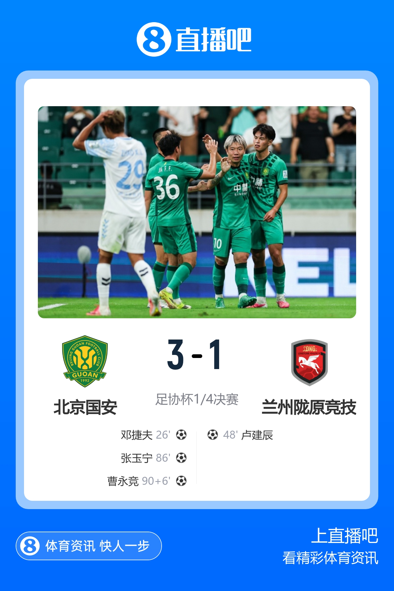 国安3-1中乙兰州进四强将战海港 兰州门将送礼孙薪凯补时绝平越位